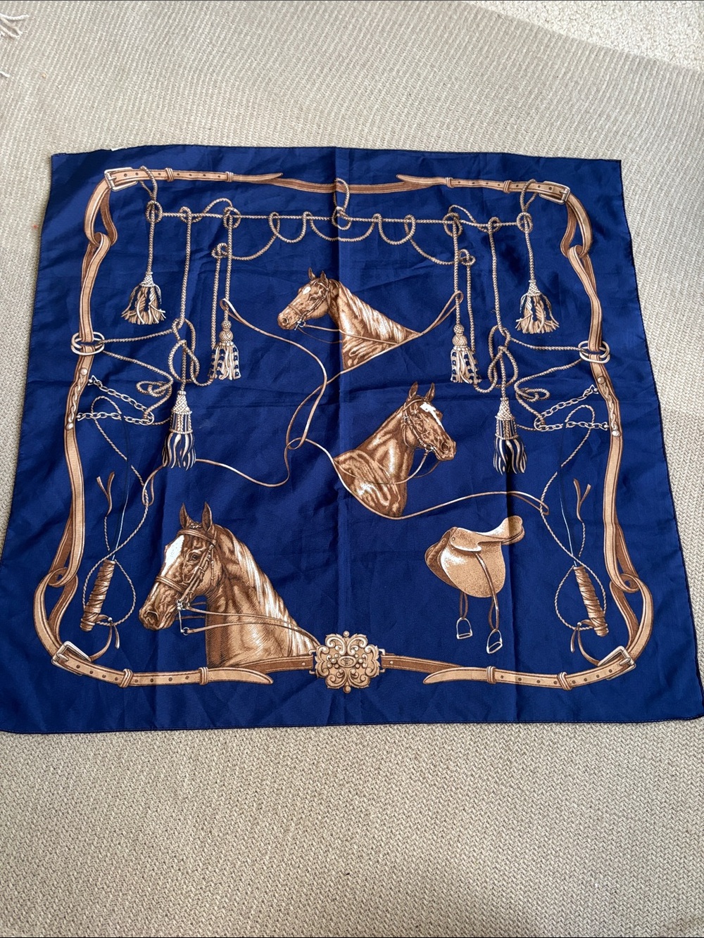 1970’s Equestrian Print Scarf in Navy and Tan made in Italy 26” square